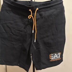 Emporio Armani Black Athletic Shorts with Orange Drawcord and Logo